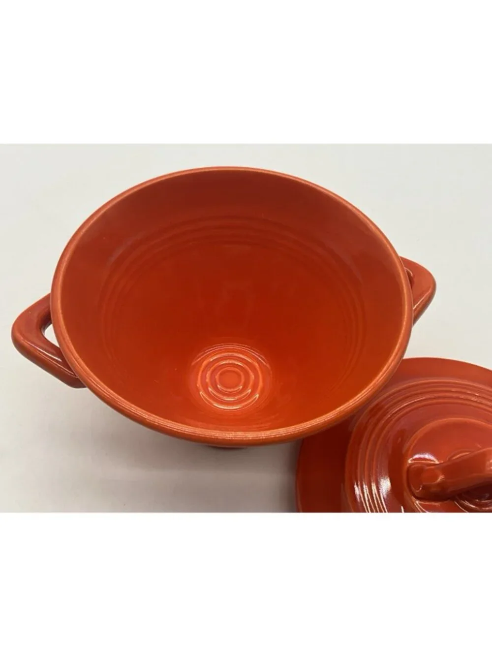 Homer Laughlin Harlequin Creamer and Lidded Sugar Bowl in a Red-Orange Glaze VTG